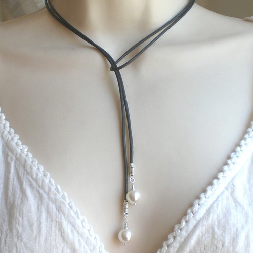 Wickelkette LEDERKETTE schwarz 925 Silber Y-Kette Muschelkern weiß Leder t796 - Bild 1 von 2