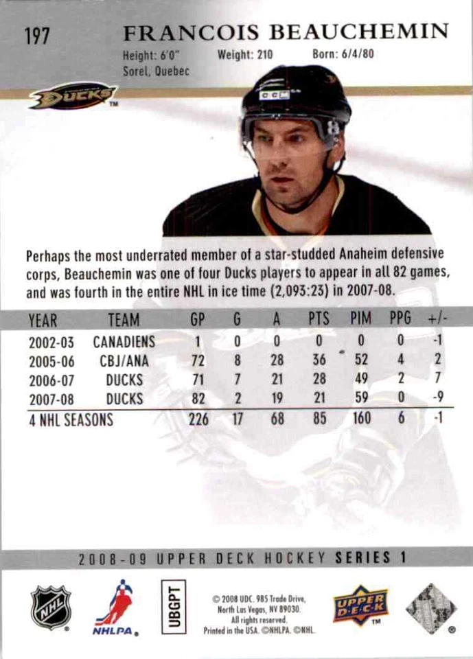 2008-09 Upper Deck Francois Beauchemin #197 - Image 2 of 2