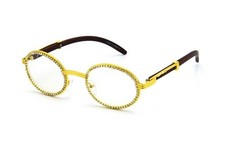 Men's Vintage Retro Gold Clear Lens Wood Frame Hip Hop Iced Cz Fashion Glasses