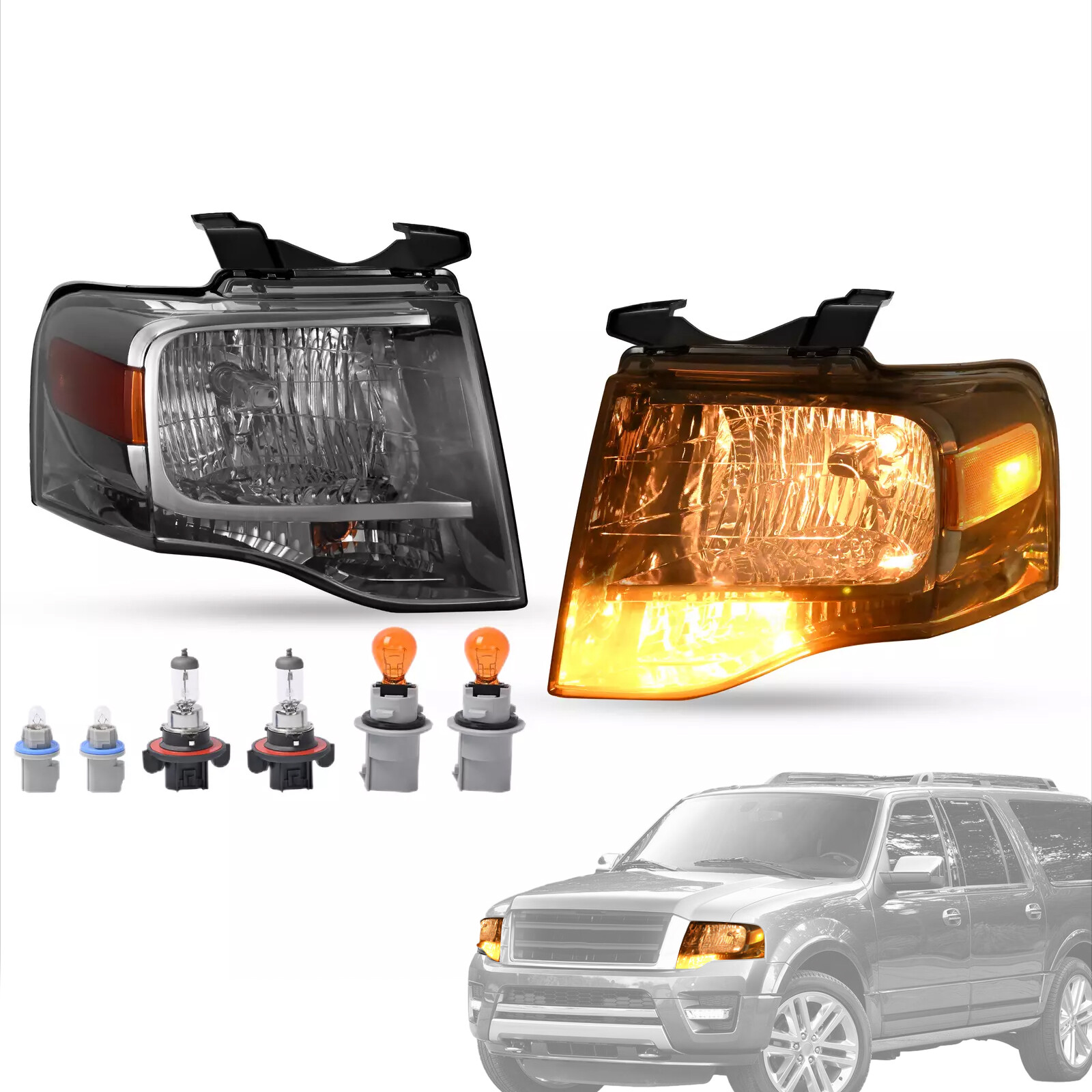 Smoke Lens Headlight Set with Amber Corner & Bulbs for Ford Expedition 2007-2014 (Pair)