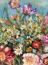 Colourful flowers original oil painting on unstretched canvas,floral landscape 