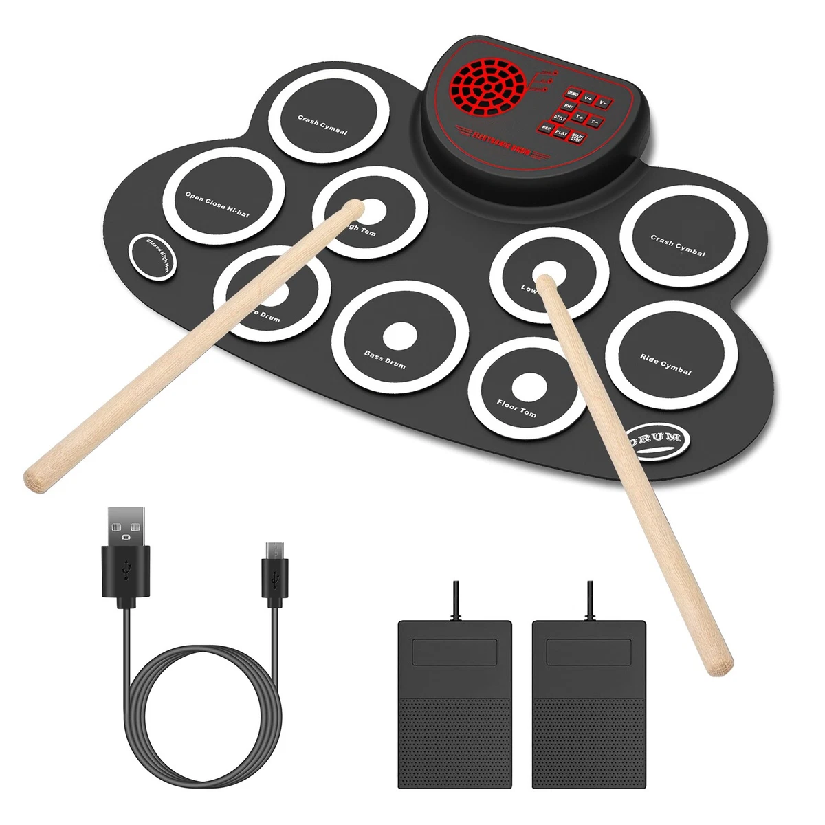 Portable Electric Tabletop Drum Set 10 Pads with Pedals Headphone Jack  Speaker