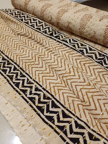 Indian Brown Bedspread Throw block Print Kantha Quilt,blanket Cotton king size - Picture 6 of 14