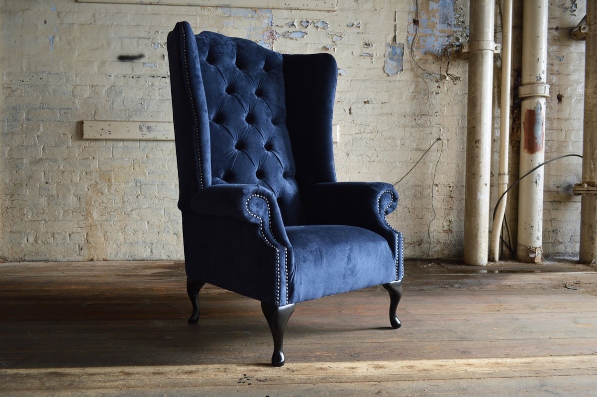 Wingback Armchair Velvet Navy Blue Chair HANDMADE MODERN NAVY BLUE - Main Image
