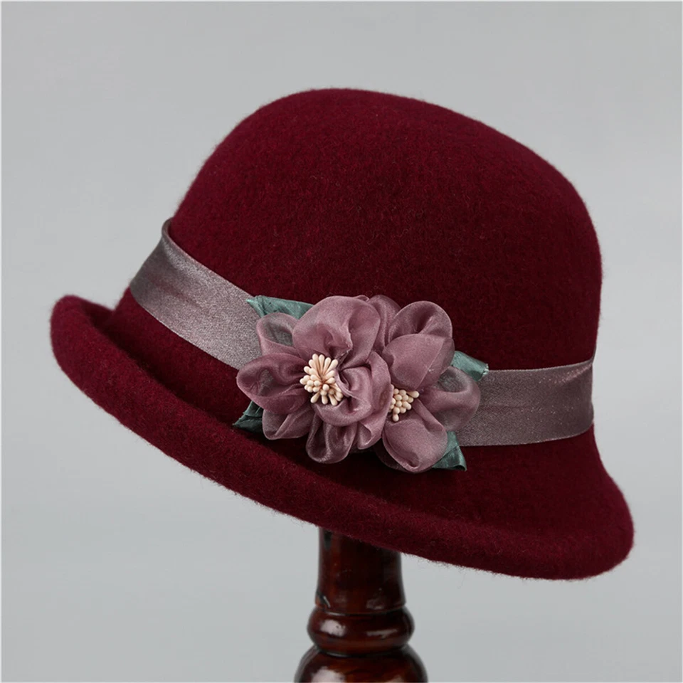 Winter Women Ladies Vintage Wool Felt Bucket Cap Flower Cloche Church Bowler Hat - Image 4 of 4