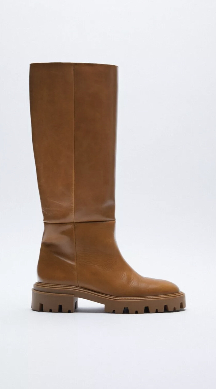 NEW Zara Flat Knee Brown Tall Leather Boots lug 2057 Riding Size 7 US  37