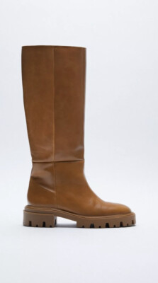 NEW Zara Flat Knee Brown Tall Leather Boots lug 2057 Riding Size