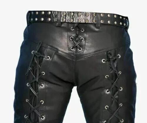 Men's Real Cow Leather Biker Pants Laces Up & Side Laces Leather Pants Sexy Bluf - Picture 3 of 4