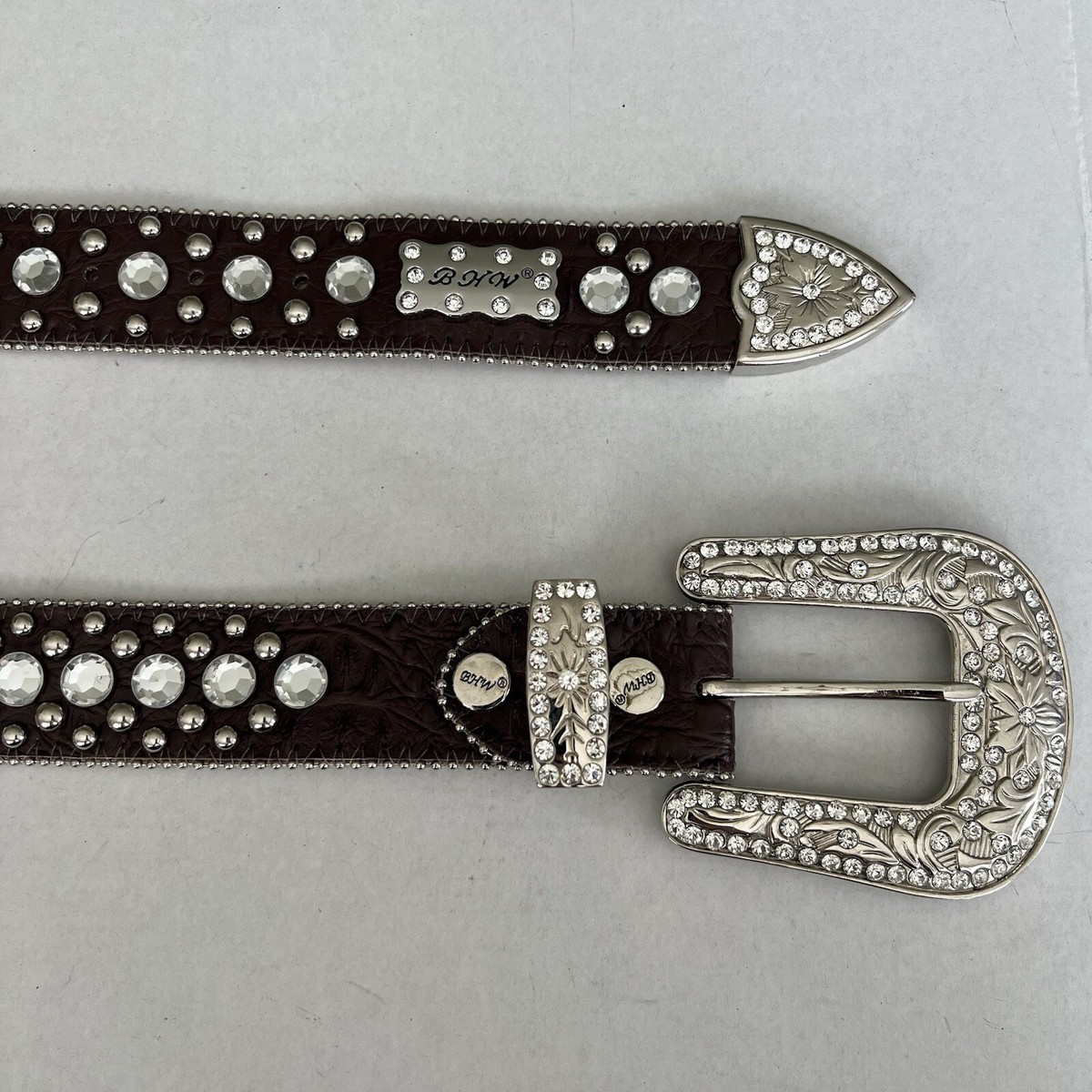 BHW Brown Leather Western Belt with Studded Rhinestones Size 