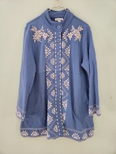 Coldwater Creek PXL Embroidered Boho Funky Long Jacket Coat Petite Sky Blue EUC