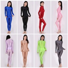 New Women Oil Shiny Glossy Spandex Blouse + Leggings Semi Sheer Yoga Gym Bodysui