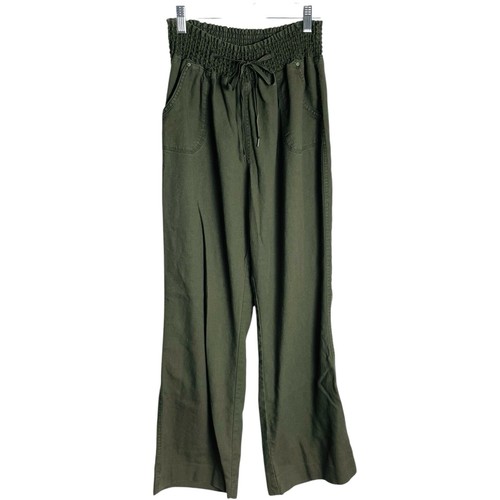 Cavalini Linen Blend Boho Pants Womens L Green Wide Leg Elastic Waist Pull On