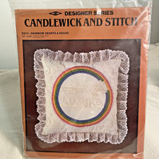 1983 MH Candlewick and Stitch Pillow Kit Rainbow Hearts and House DS15 New