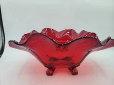 Vintage Ruby Amberina Cadmium Glow 4 Toe Centerpiece Bowl Viking LE Smith? 10x13