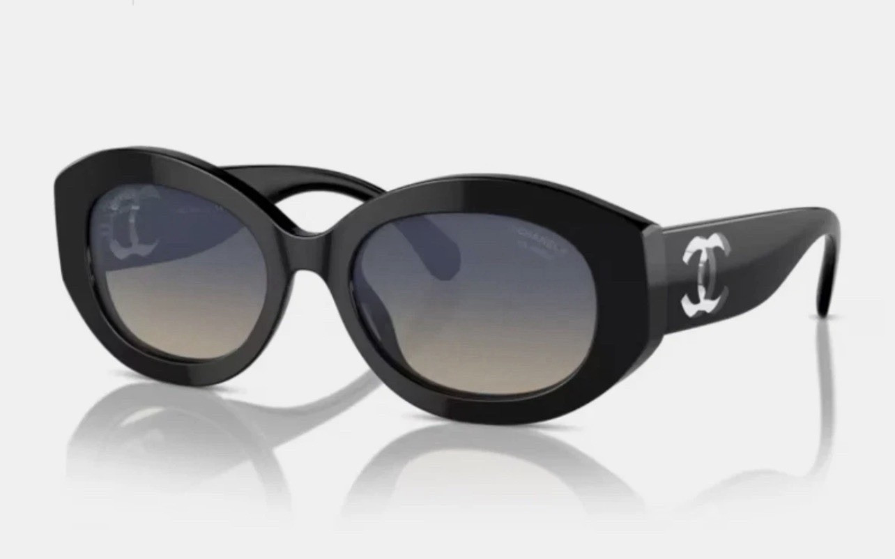CHANEL Women’s Oversized Oval Sunglasses Black Plastic Frame Gray Gradient Logo