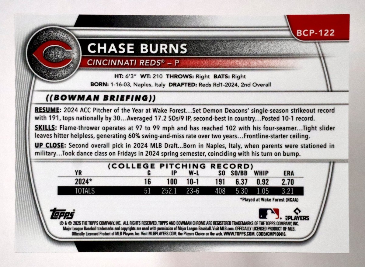 2025 Bowman Chrome Chase Burns Orange Geometric Refractor /25 Reds