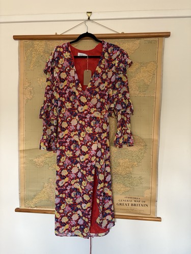 & Other Stories Floral Ruffle Wrap Dress UK 10/ 38 Rrp £110 Red Pink Midi Length - Picture 6 of 8