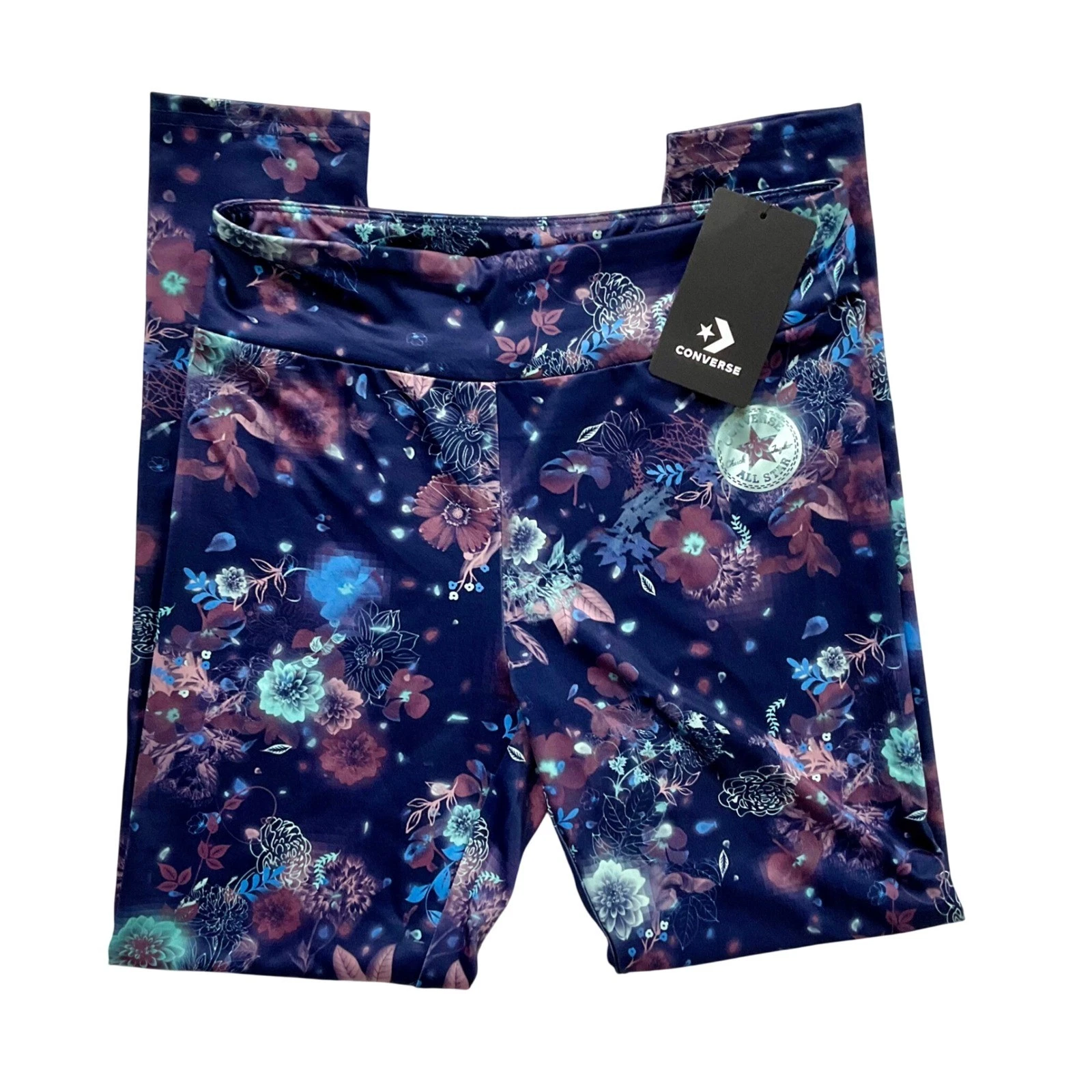 Converse All Star Kids Floral Leggings Navy Blue Purple Teal Girls Large 12-13Y