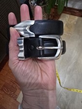 Vintage Western Black Genuine Leather Belt   3-Piece Silver Tone Buckle Set