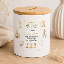 Tauf-Spardose  mit Bambusdeckel &bdquo;Zur Taufe &ndash; Gottes Segen&ldquo; Wei&szlig;/Gold