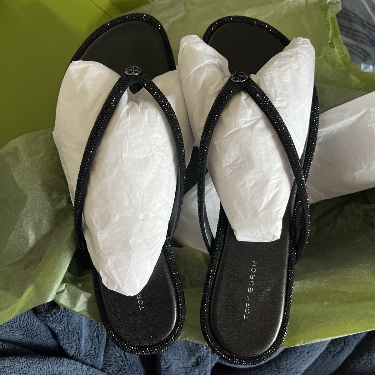 Tory Burch Chelsea Embellished Flip Flop Perfect Black Sandals