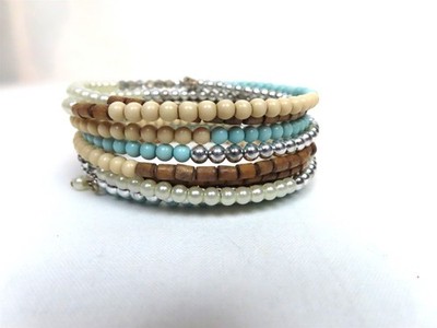 Faux Turquoise Bead Coil Wire Wrap Bracelet Boho Statement Vintage