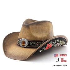 LIDHAY Men Women's Woven Straw Cowboy Cowgirl Hat New One Size A Brown