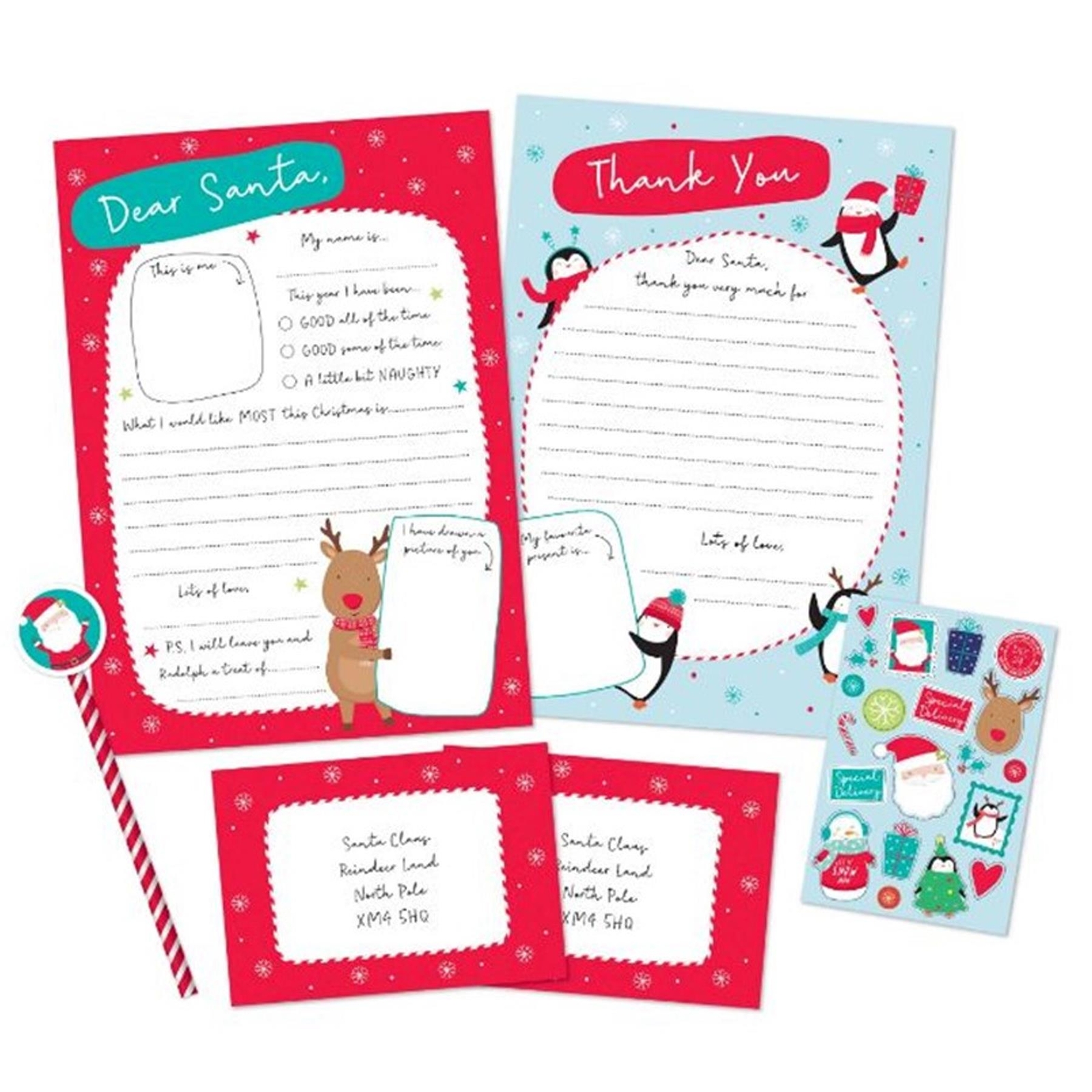 Christmas Letter to Santa Pack - Letters Envelopes Stickers Pencil and Eraser