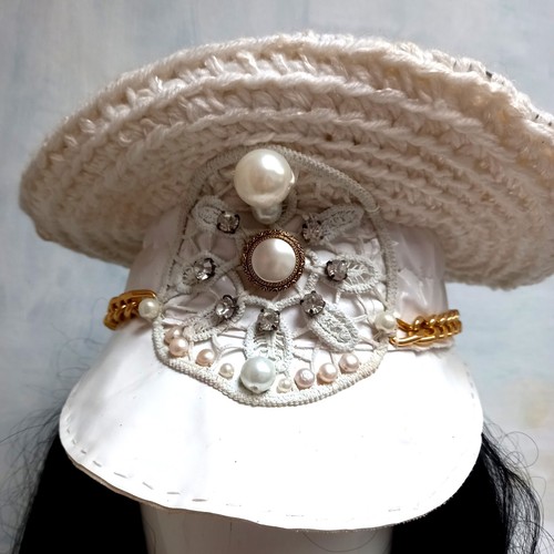 hat woman men original vintage police fetish fetishist chain white wide brim bid - Picture 6 of 24