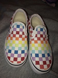 vans rainbow checkered slip ons