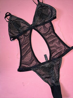 Victoria's Secret M TEDDY BODYSUIT ONE-PIECE BLACK heart CRYSTALLIZED Cutout