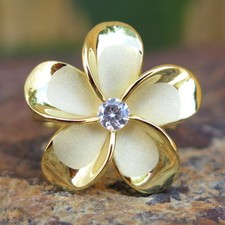 Hawaiian Jewelry Silver Gold Flower Plumeria CZ Wedding Ring Band 22mm SR3265