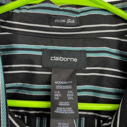 Claiborne Mens XXL Button Front Shirt Black Turquoise Stripes 100% Silk Long Slv - Picture 5 of 10