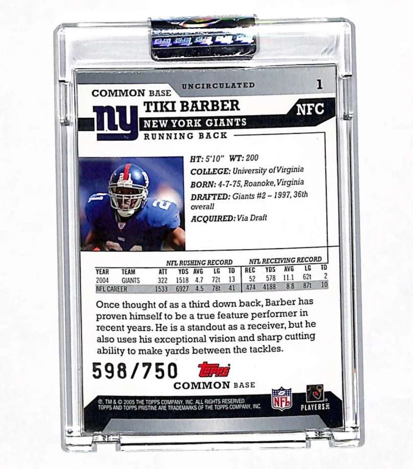 2005 Topps Pristine Uncirculated #1 Tiki Barber Card 598/750 Giants  - Image 2 of 2