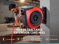 DEWENWILS Retractable Extension Cord Reel 14/3C 75 FT Heavy Duty Power Cord Red