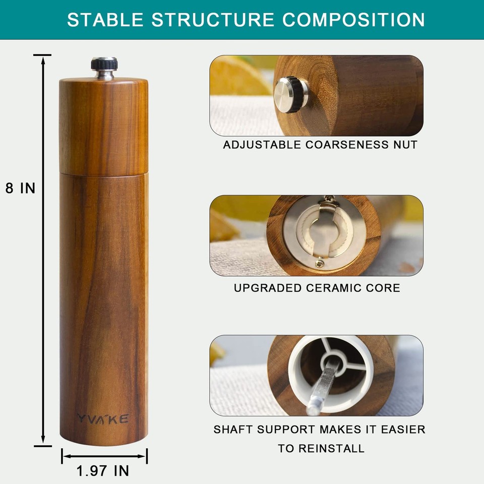 Wooden Salt and Pepper Grinder 8 Inch Manual and Mill Adjustable