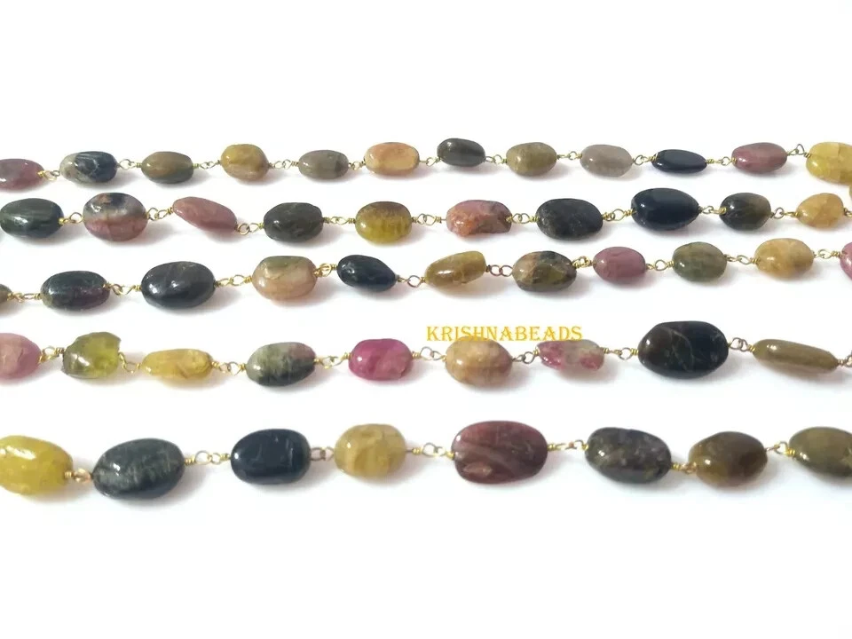 Cadena Natural Multi Turmalina Ovalada 6x9mm Rosario Cuentas Chapada en Oro 3 Pies Foto 4 de 4