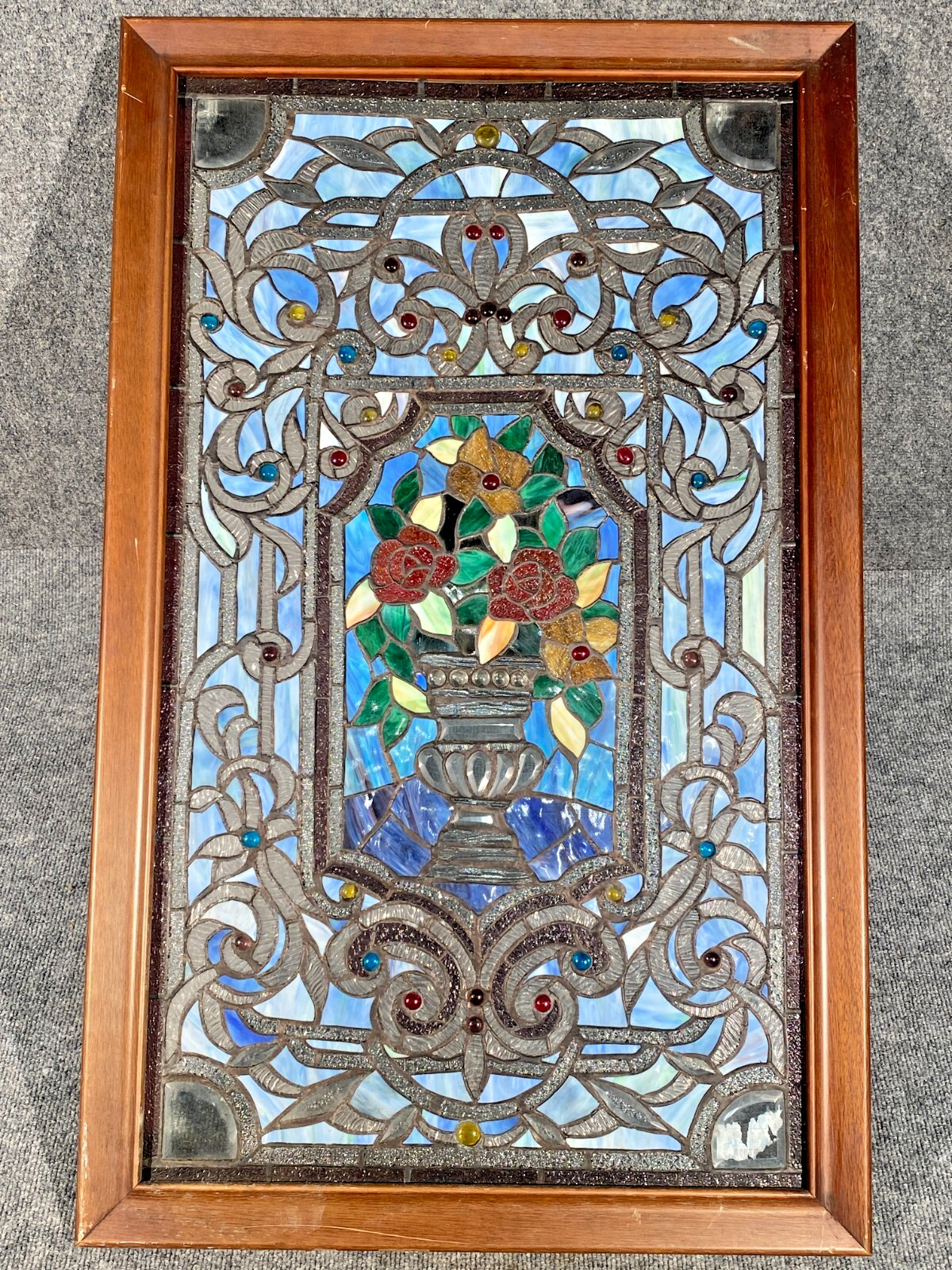 VINTAGE LARGE STAINED GLASS TALL Flower  38" x 23" ~ Framed