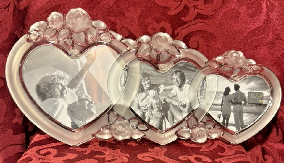 Marco de fotos Mikasa Rosemont triple corazón diseño rosa esmerilado vintage vidrio pesado Foto 2 de 4