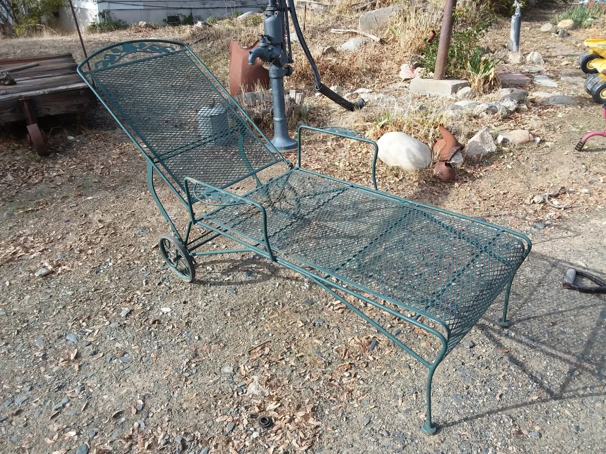 Vintage Mid Century Wrought Iron Wheeled Adjustable Lounge Chair MCM Decor Yard