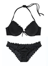 VICTORIAS SECRET Swim 32C/S Push-Up Top Bikini Set Ruffle Cheeky Bottom Black