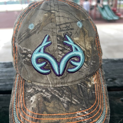 RealTree Ladies Fit Camouflage Greens Hat Cap w Orange, Purple Sky Blue Accents - Picture 2 of 9