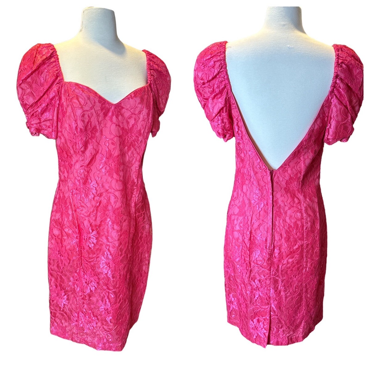 Vintage 80s LA Glo Hot Pink Lace Dress Cocktail Party Size 13/14 Puff Sleeve Vintage 80s LA Glo Hot Pink Lace Dress Cocktail Party Size 13/14 Puff Sleeve