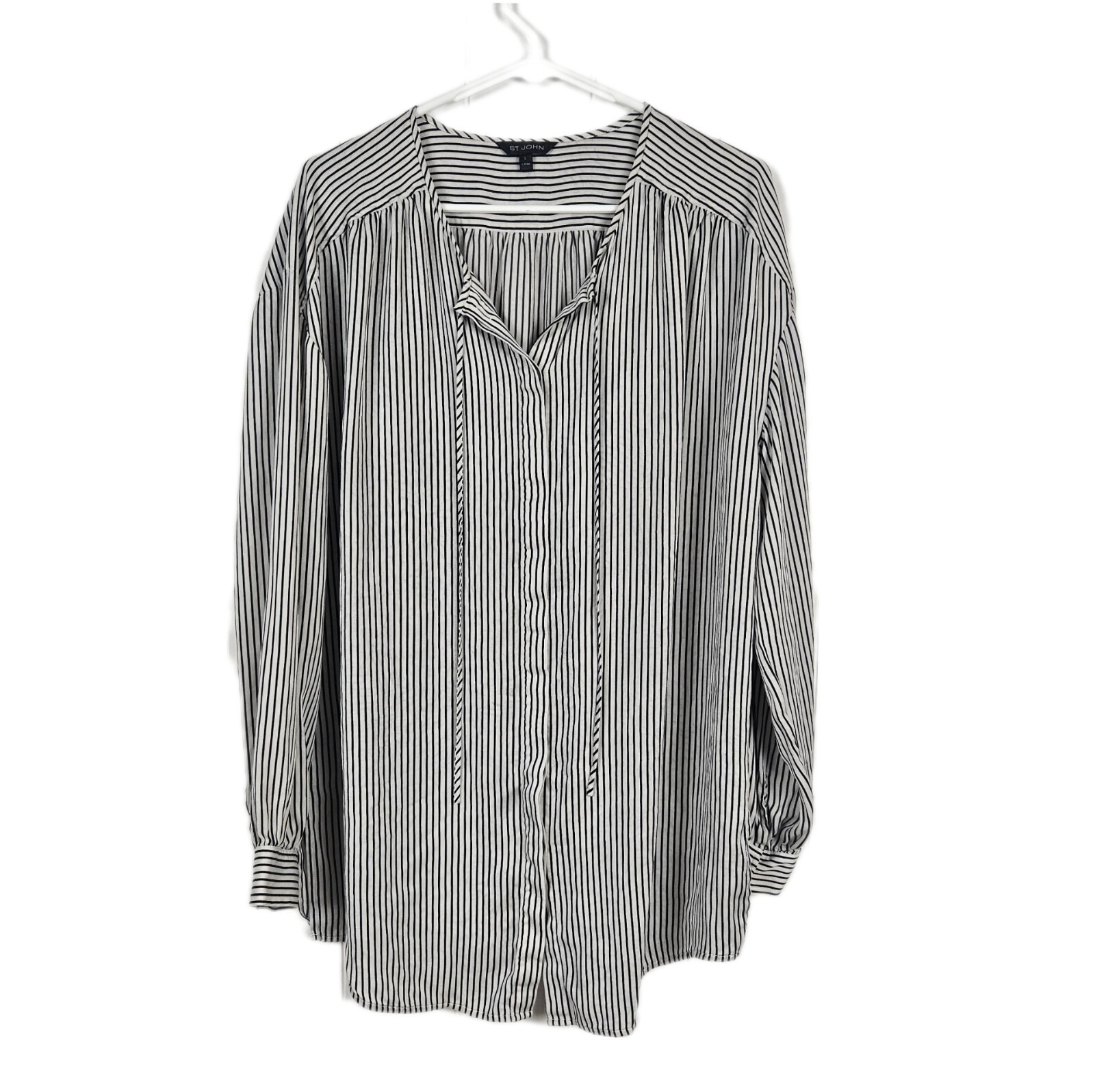 Large St. John Silk Blend Blouse Black White Striped Vertical Button Front Tunic