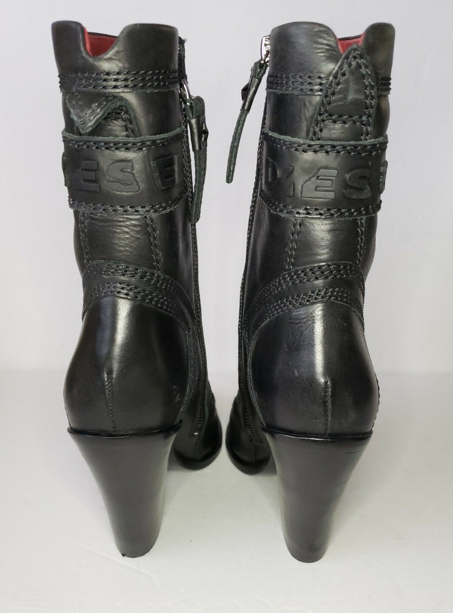 NEW Diesel Flamingo Black Leather Wedge Boots Womens 38 US7.5 $348