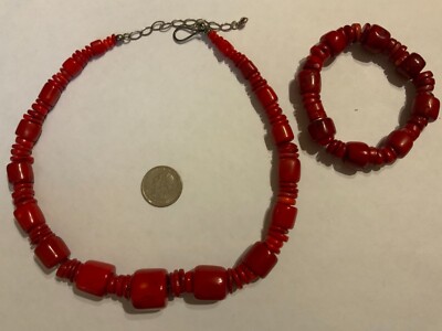 RED LARGE CHUNKY GENUINE CORAL NECKLACE 145 gr & BRACELET 60 gr SS 925 
