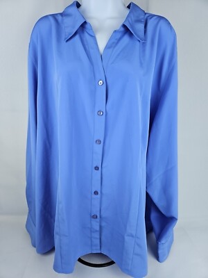 Lands End Blue Long Sleeve Button Down Shirt Size 32W Women s 100% Polyester
