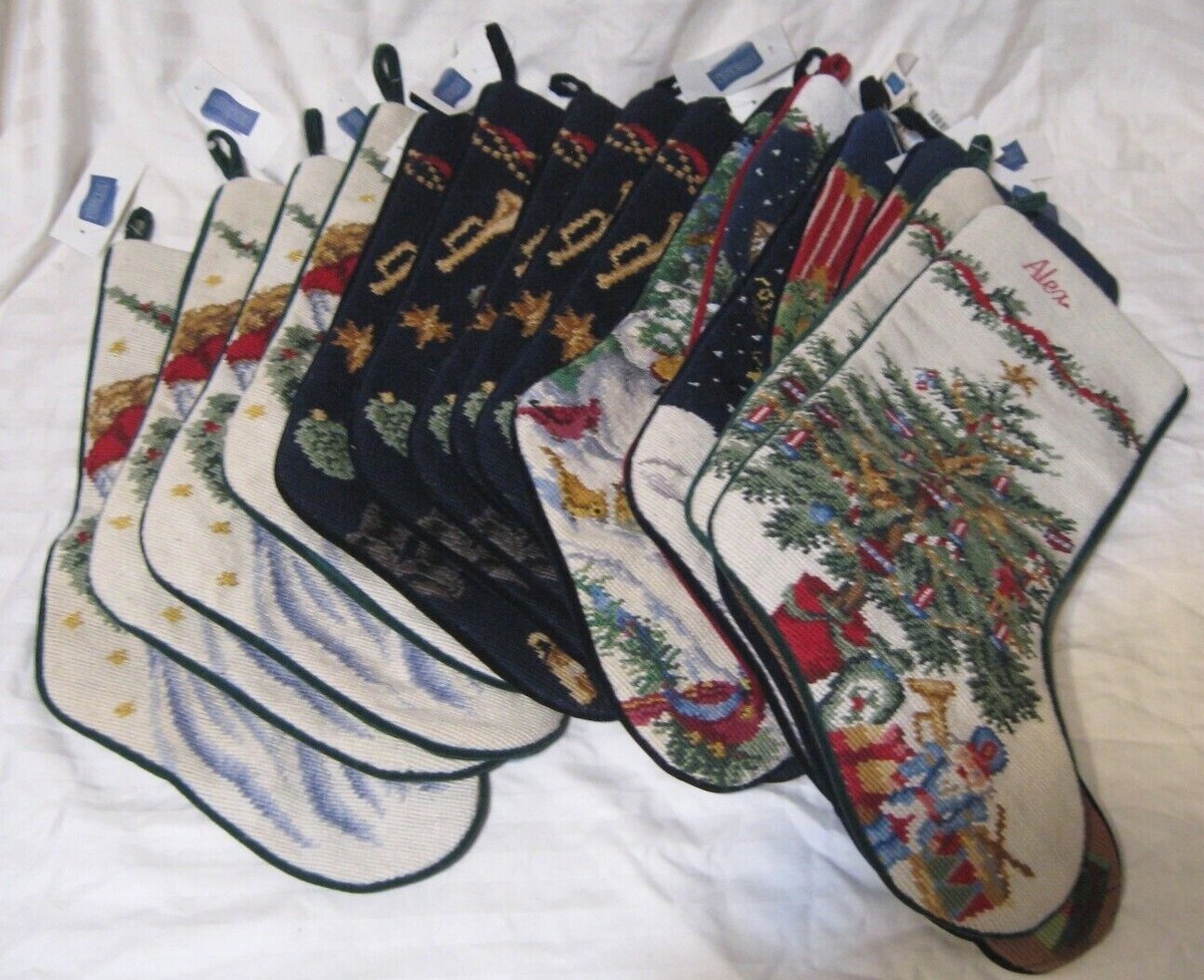 NWT Vintage Land's End wool needlepoint Christmas stockings, many