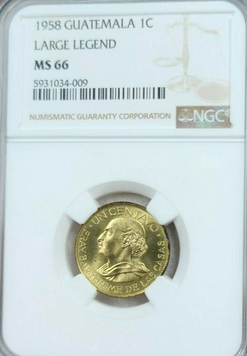 1958 GUATEMALA 1 CENTAVO 1C LARGE LEGEND NGC MS 66 VERY SCARCE GEM BU BEAUTY