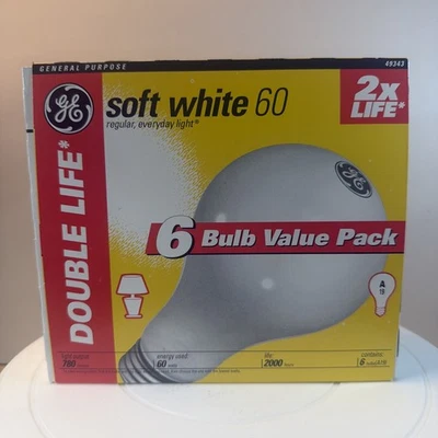 NOS Genuine GE 60 Watt 6 PACK Double Life SOFT WHITE LIGHT BULBS